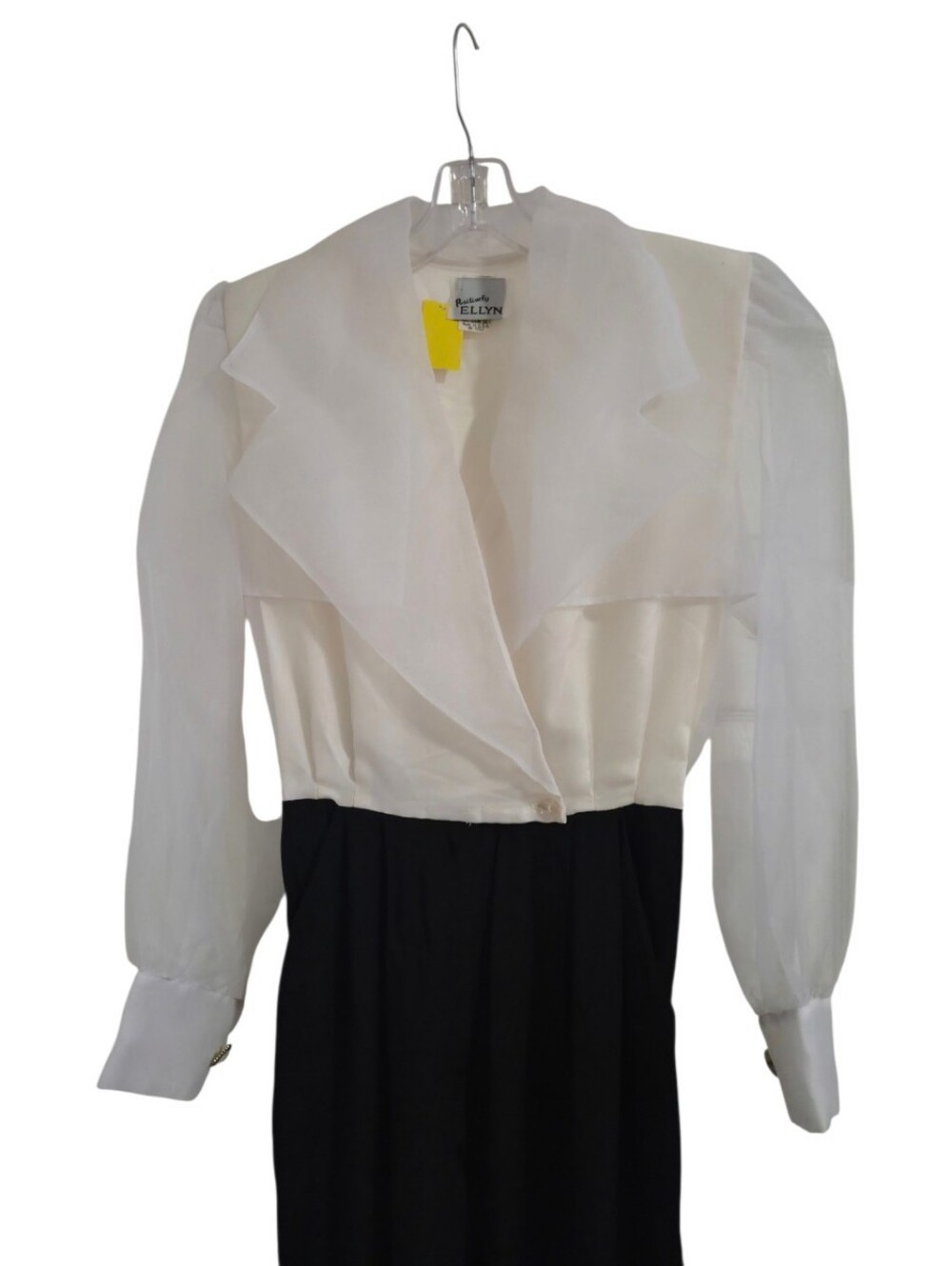 Vintage 80s Positively Ellyn Tuxedo Jumpsuit Size 4 Sheer Sleeve Black Ivory - Picture 4 of 12